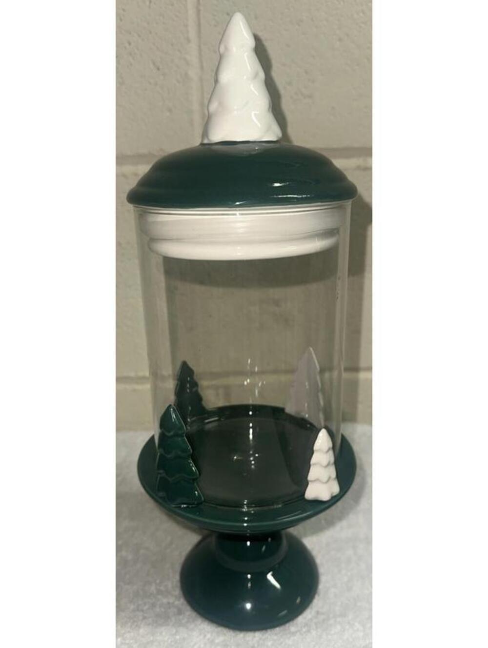 Peppermint & Pine Christmas Pine trees Green & White Glass Candy Jar 13”x5” NEW